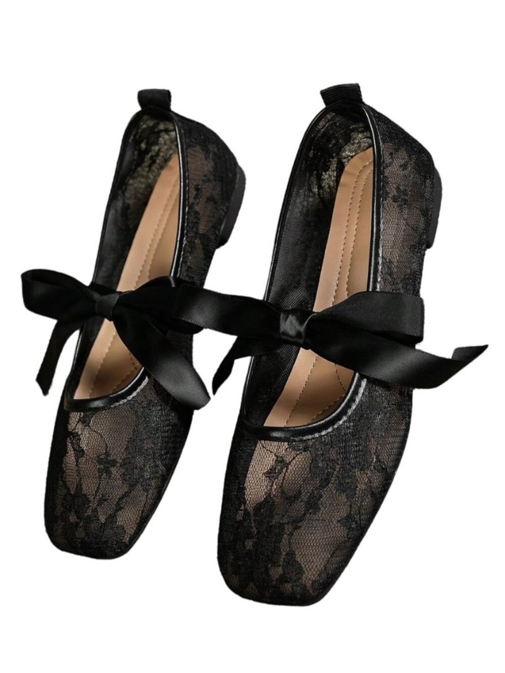 Women's Floral Lace Mesh Ballet Flats Comfortable Dressy Square Closed Toe Bow